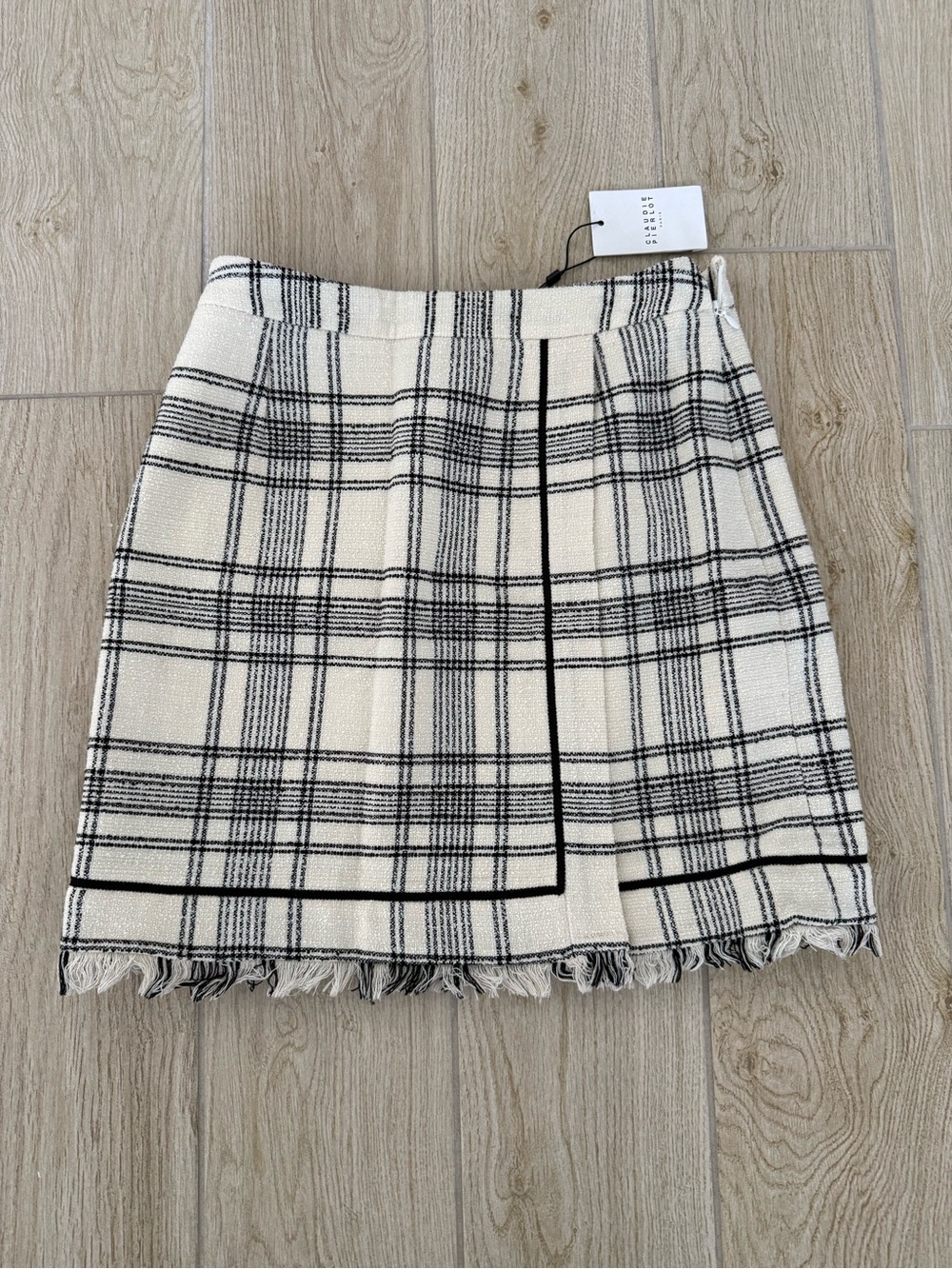Cream and Black Plaid Fringe-Hem Mini Skirt